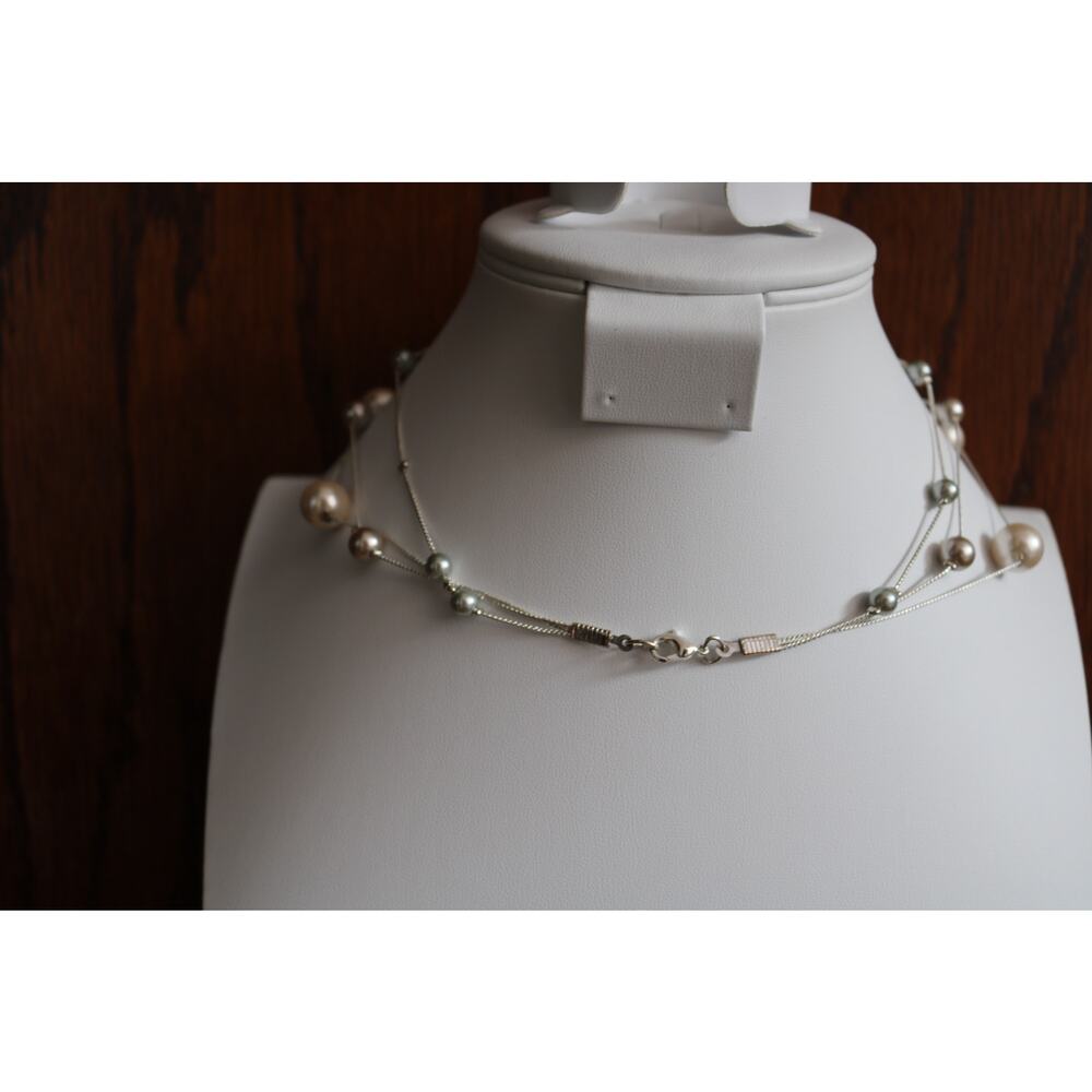 Faux PEARL Three Strand Necklace Womens Cream Pink 9in Rondelle Spacers Elegant - Picture 3 of 8